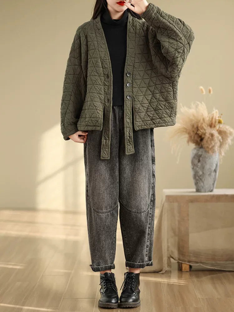 Quilted Diamond Pattern V-Neck Padded Jacket with Ties
