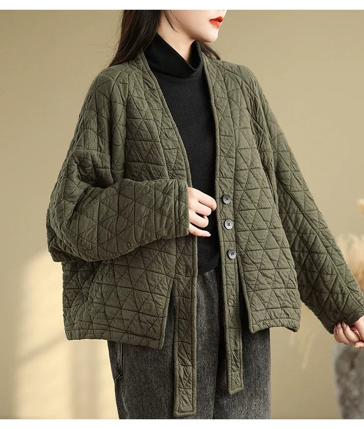 Quilted Diamond Pattern V-Neck Padded Jacket with Ties