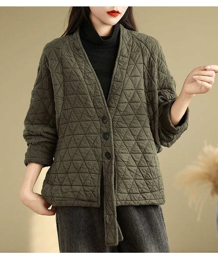 Quilted Diamond Pattern V-Neck Padded Jacket with Ties