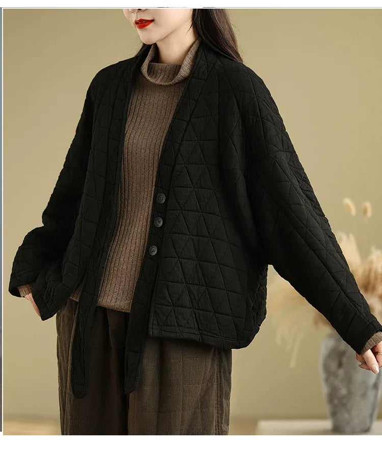 Quilted Diamond Pattern V-Neck Padded Jacket with Ties