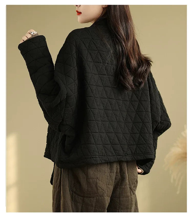 Quilted Diamond Pattern V-Neck Padded Jacket with Ties