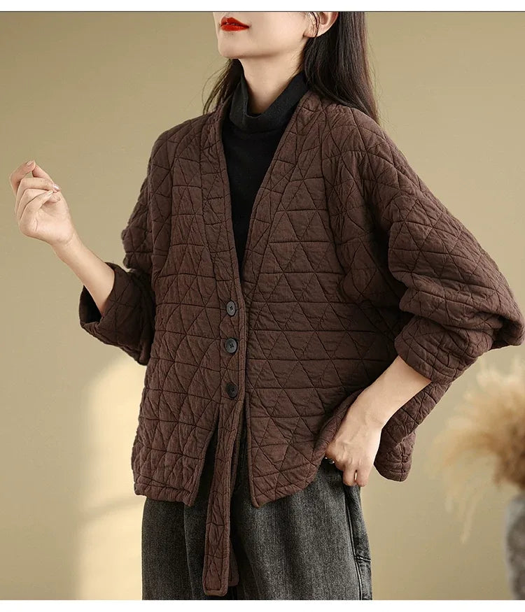 Quilted Diamond Pattern V-Neck Padded Jacket with Ties