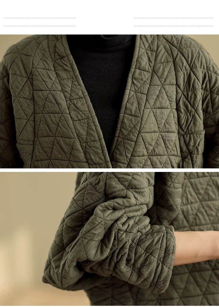 Quilted Diamond Pattern V-Neck Padded Jacket with Ties