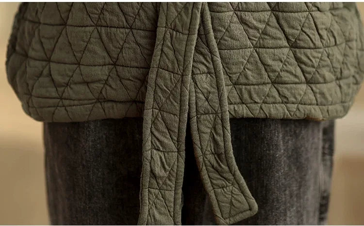 Quilted Diamond Pattern V-Neck Padded Jacket with Ties