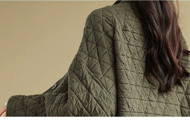 Quilted Diamond Pattern V-Neck Padded Jacket with Ties