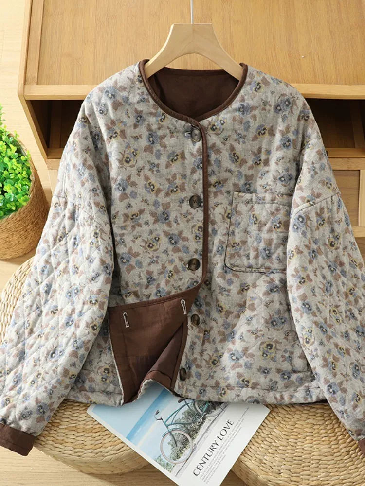 Quilted Floral Padded Jacket with Contrast Trim