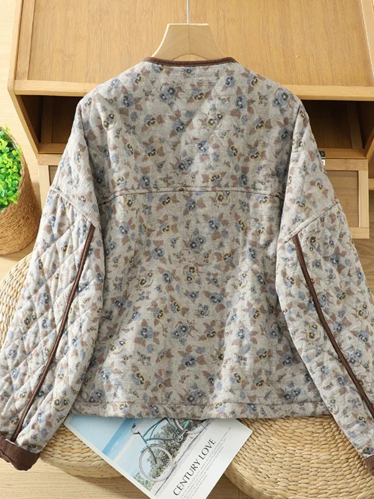 Quilted Floral Padded Jacket with Contrast Trim