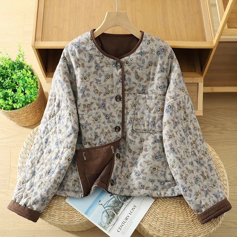 Quilted Floral Padded Jacket with Contrast Trim