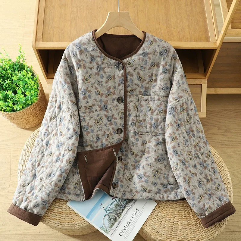 Quilted Floral Padded Jacket with Contrast Trim