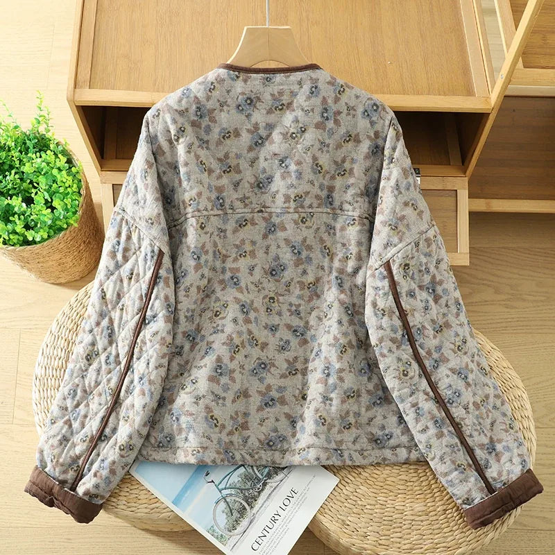 Quilted Floral Padded Jacket with Contrast Trim