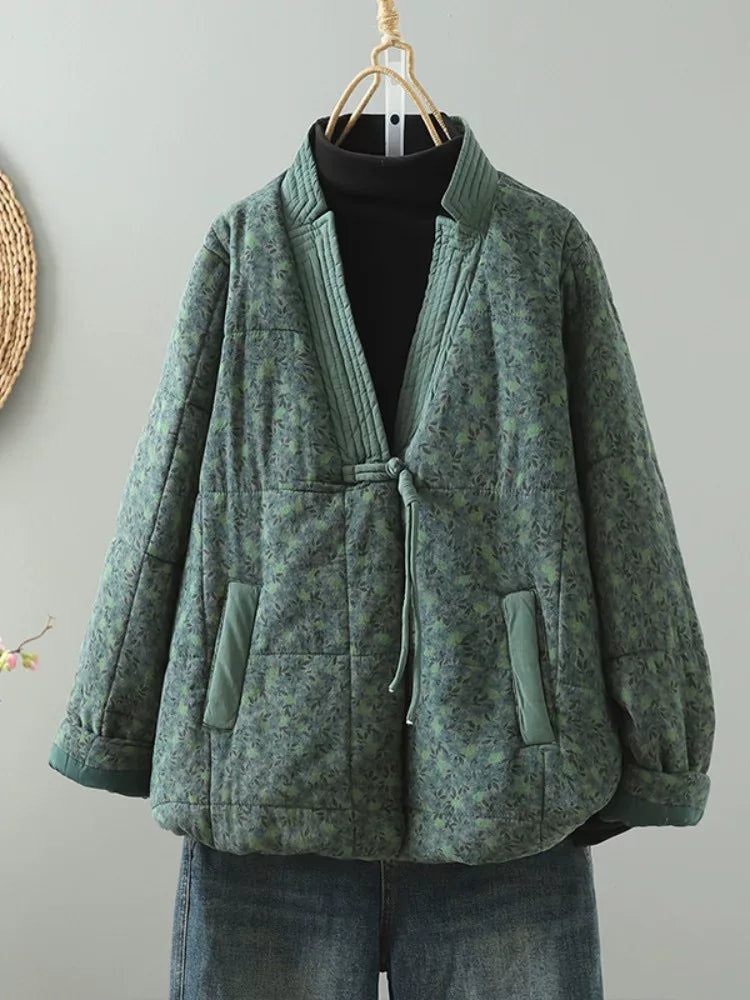 Quilted Floral Print Frog Button Hip-Length Padded Jacket