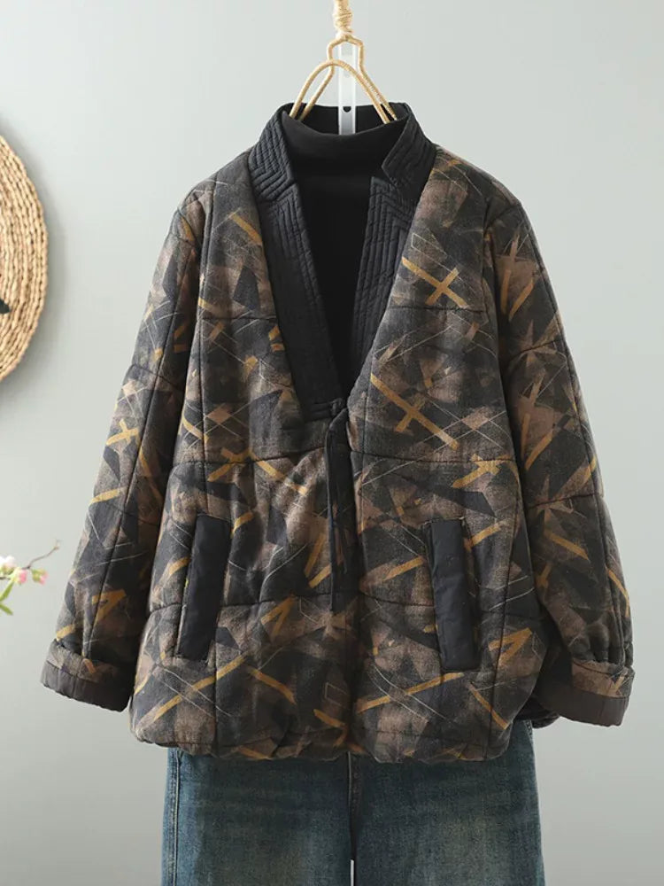 Quilted Floral Print Frog Button Hip-Length Padded Jacket