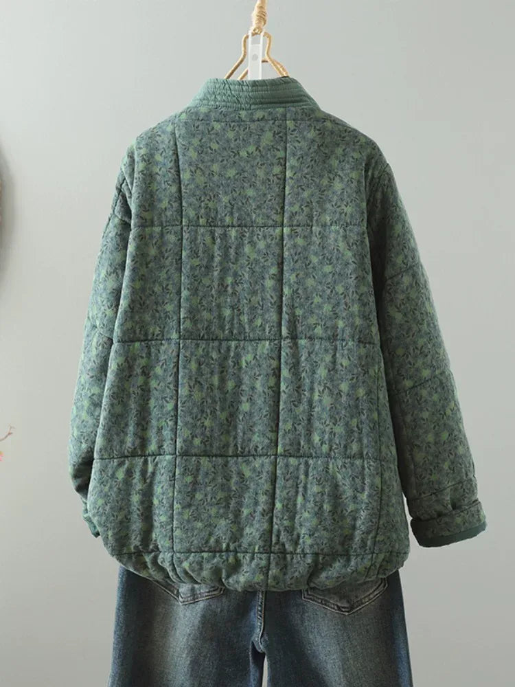 Quilted Floral Print Frog Button Hip-Length Padded Jacket
