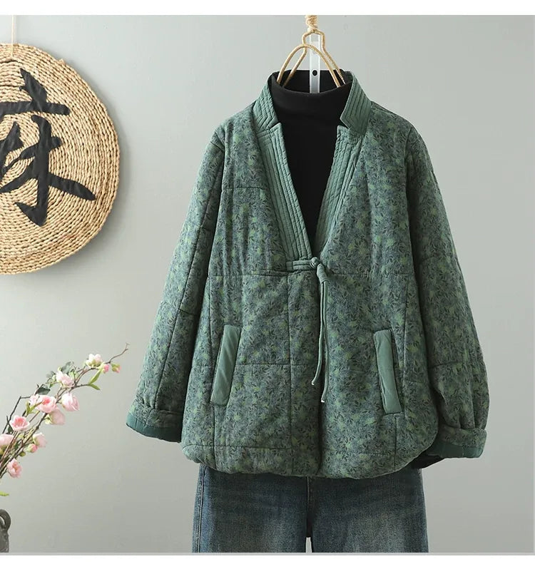 Quilted Floral Print Frog Button Hip-Length Padded Jacket