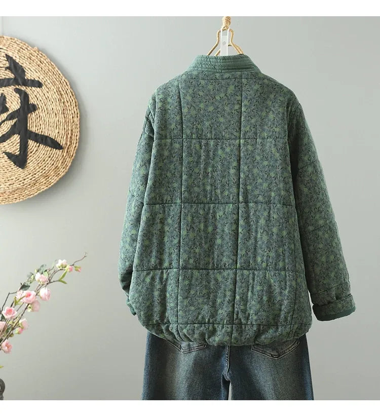 Quilted Floral Print Frog Button Hip-Length Padded Jacket