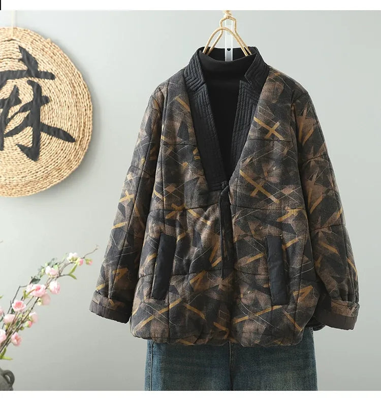 Quilted Floral Print Frog Button Hip-Length Padded Jacket