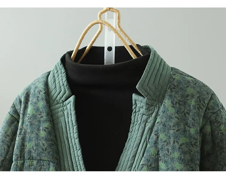 Quilted Floral Print Frog Button Hip-Length Padded Jacket