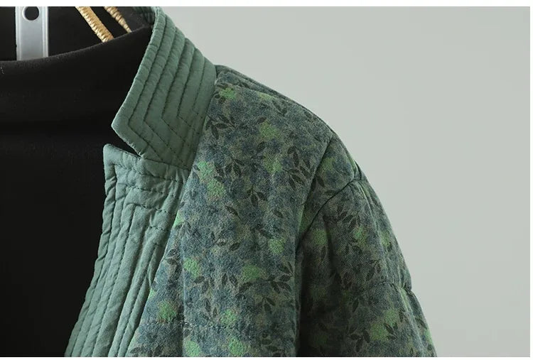 Quilted Floral Print Frog Button Hip-Length Padded Jacket