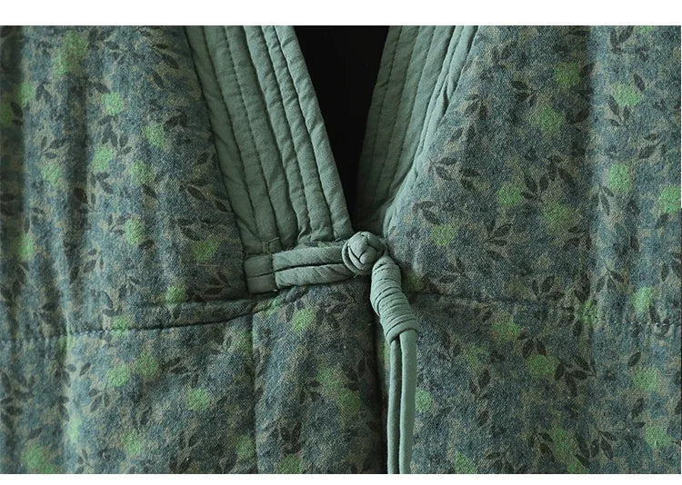 Quilted Floral Print Frog Button Hip-Length Padded Jacket