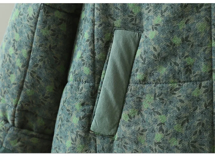 Quilted Floral Print Frog Button Hip-Length Padded Jacket