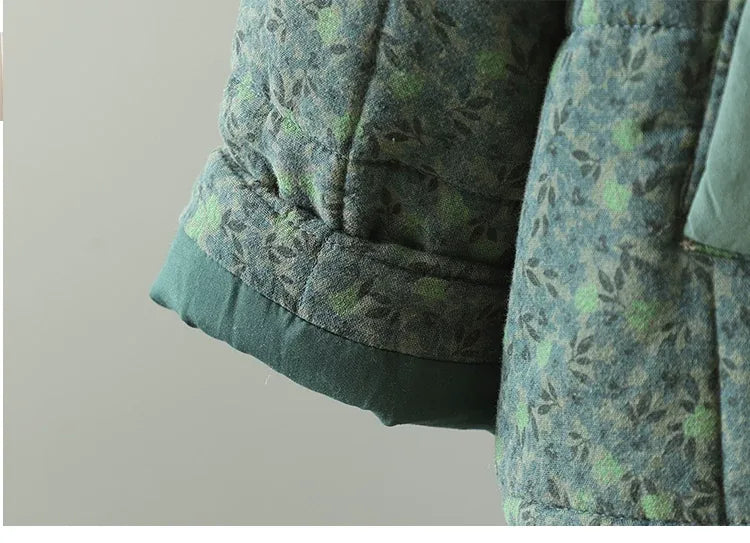 Quilted Floral Print Frog Button Hip-Length Padded Jacket