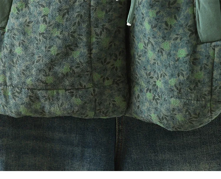 Quilted Floral Print Frog Button Hip-Length Padded Jacket