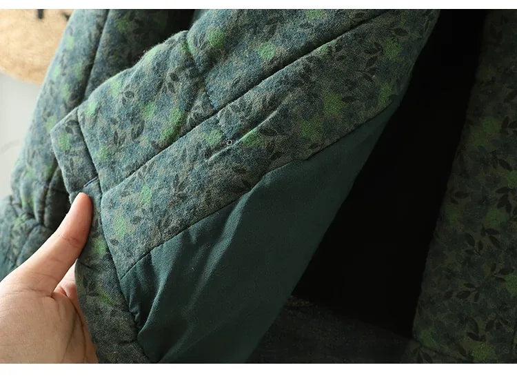 Quilted Floral Print Frog Button Hip-Length Padded Jacket