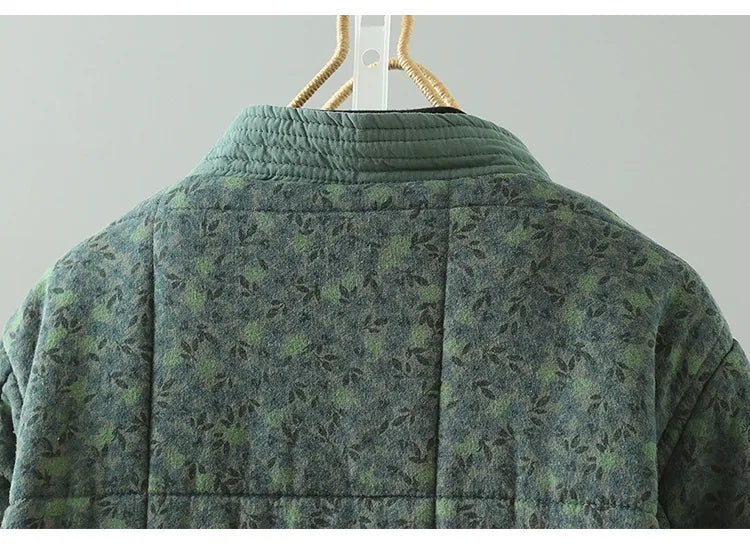 Quilted Floral Print Frog Button Hip-Length Padded Jacket