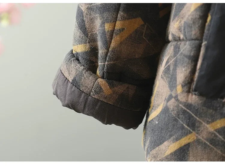 Quilted Floral Print Frog Button Hip-Length Padded Jacket