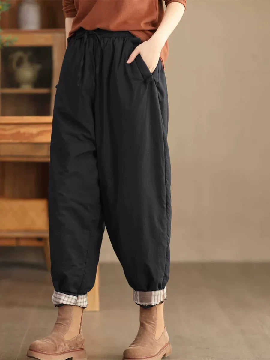 Quilted Harem Pants Plaid Lined Cuffs Drawstring Waist Winter Cotton Hemp