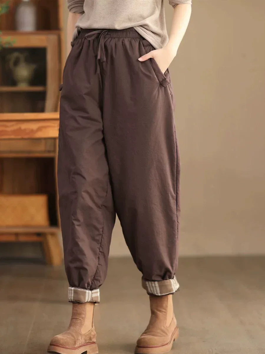 Quilted Harem Pants Plaid Lined Cuffs Drawstring Waist Winter Cotton Hemp