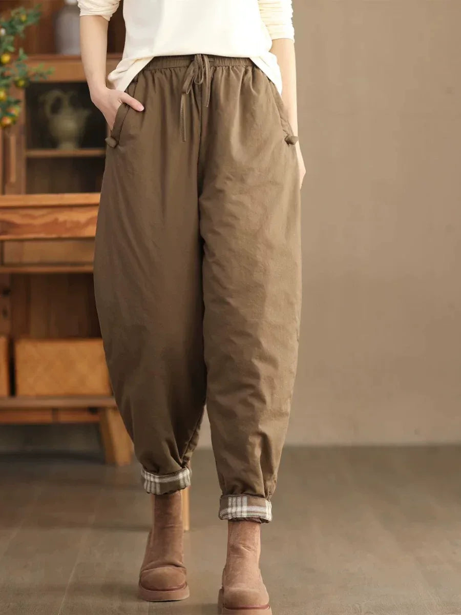 Quilted Harem Pants Plaid Lined Cuffs Drawstring Waist Winter Cotton Hemp