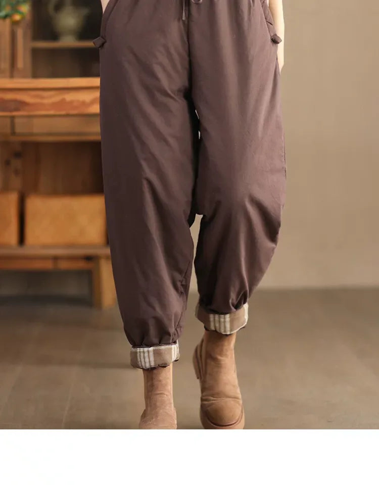 Quilted Harem Pants Plaid Lined Cuffs Drawstring Waist Winter Cotton Hemp