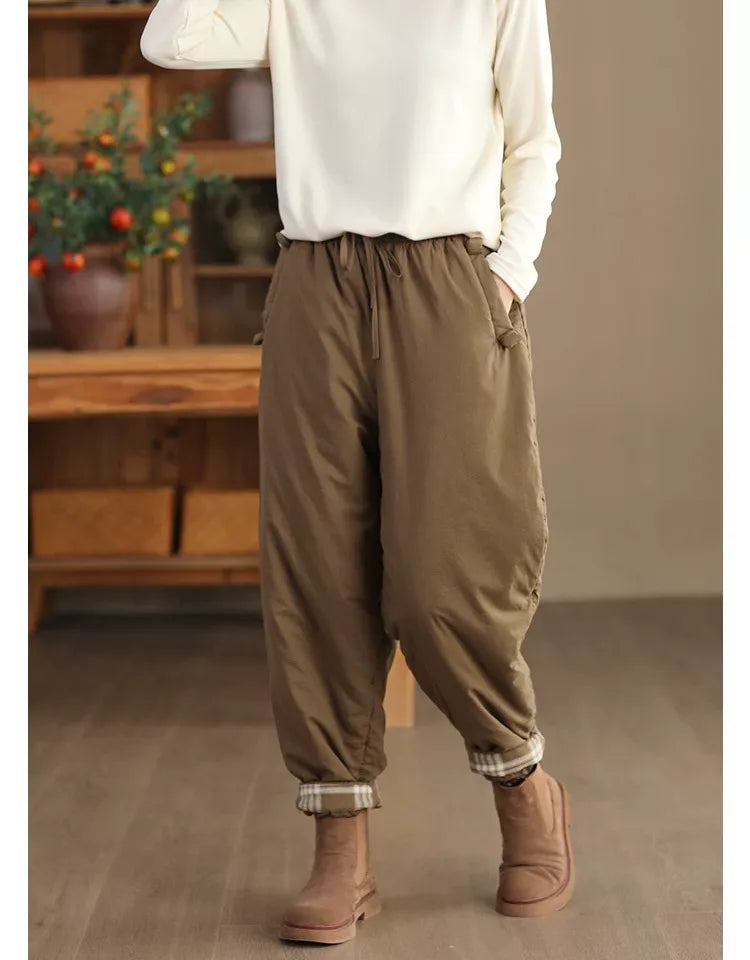 Quilted Harem Pants Plaid Lined Cuffs Drawstring Waist Winter Cotton Hemp