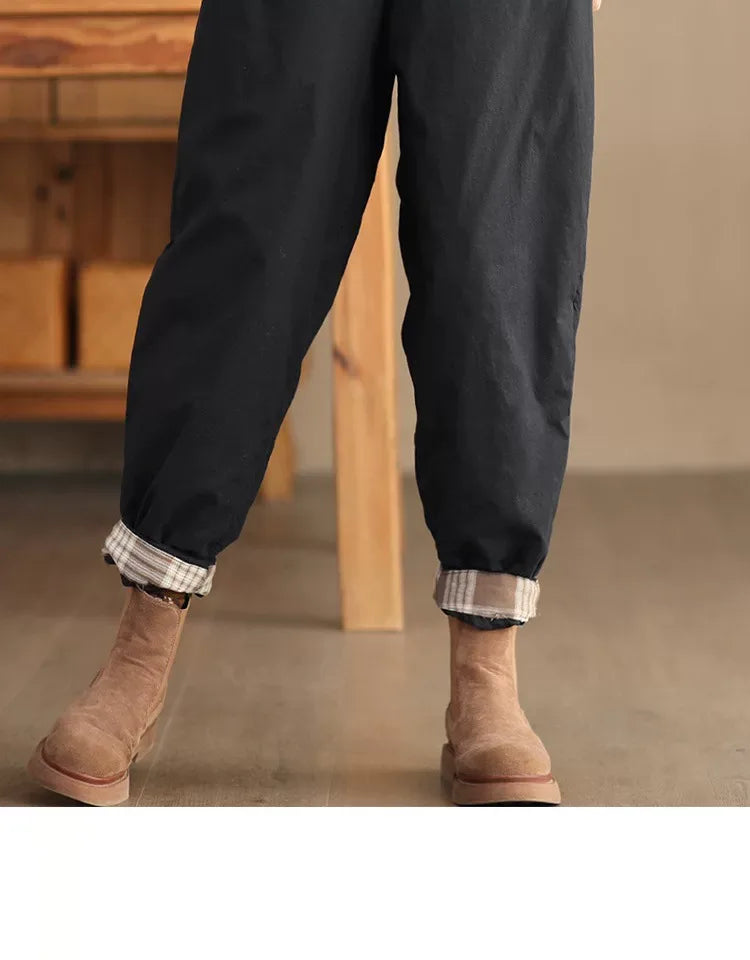 Quilted Harem Pants Plaid Lined Cuffs Drawstring Waist Winter Cotton Hemp