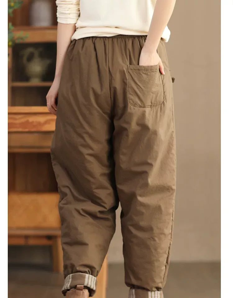 Quilted Harem Pants Plaid Lined Cuffs Drawstring Waist Winter Cotton Hemp