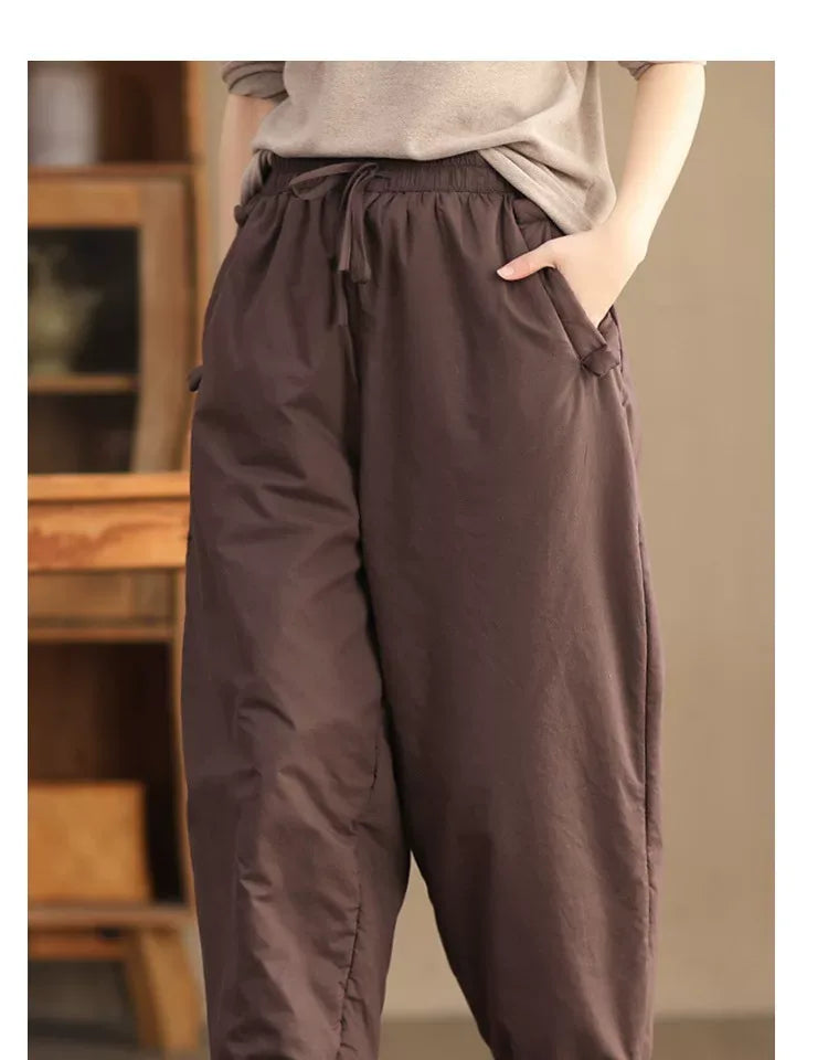 Quilted Harem Pants Plaid Lined Cuffs Drawstring Waist Winter Cotton Hemp