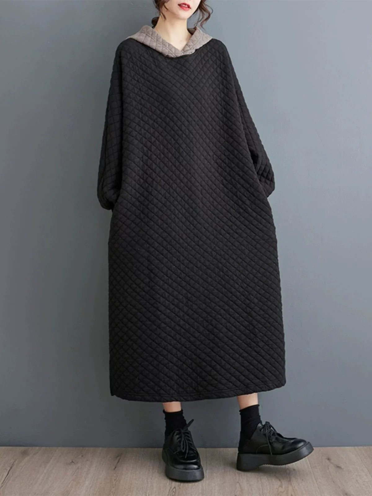 Quilted Hooded Maxi Dress Long Sleeve Padded A-Line