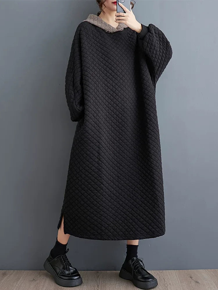 Quilted Hooded Maxi Dress Long Sleeve Padded A-Line