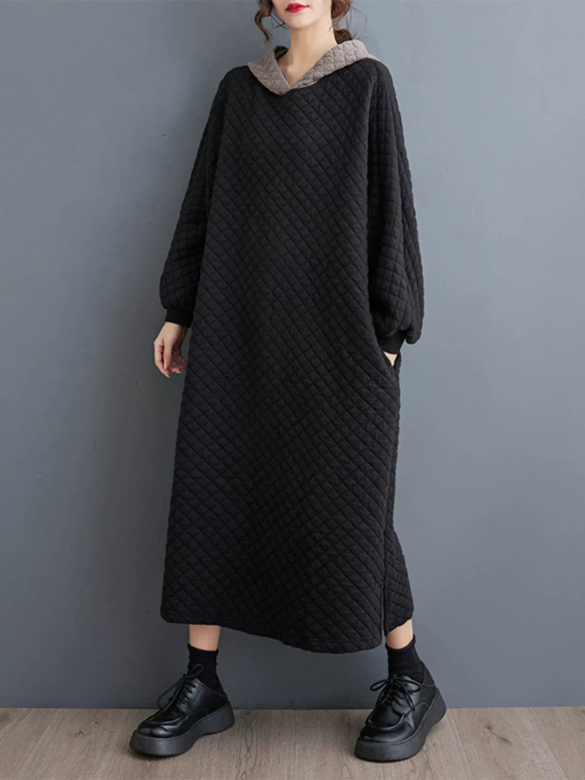 Quilted Hooded Maxi Dress Long Sleeve Padded A-Line