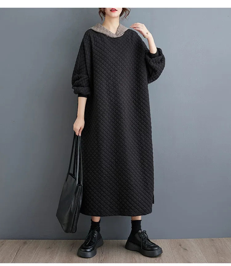Quilted Hooded Maxi Dress Long Sleeve Padded A-Line