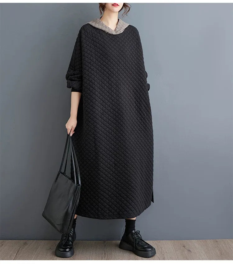 Quilted Hooded Maxi Dress Long Sleeve Padded A-Line