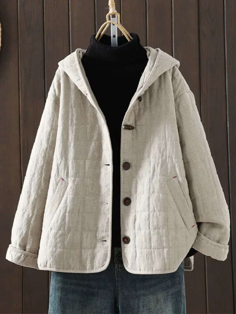 Quilted Hooded Padded Jacket with Wooden Buttons