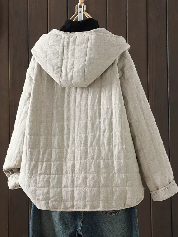 Quilted Hooded Padded Jacket with Wooden Buttons