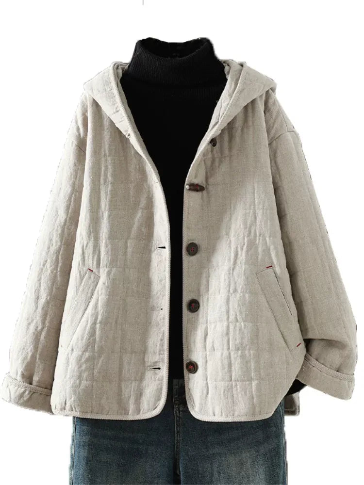 Quilted Hooded Padded Jacket with Wooden Buttons
