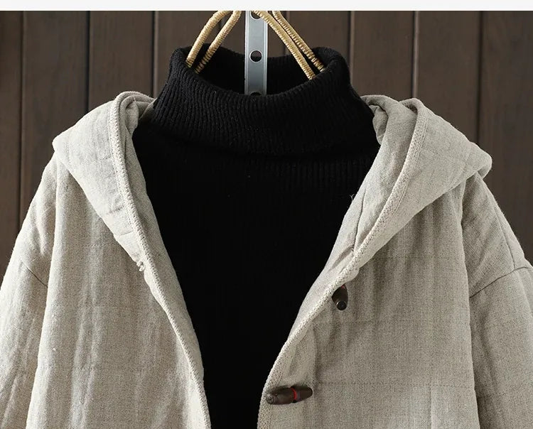 Quilted Hooded Padded Jacket with Wooden Buttons