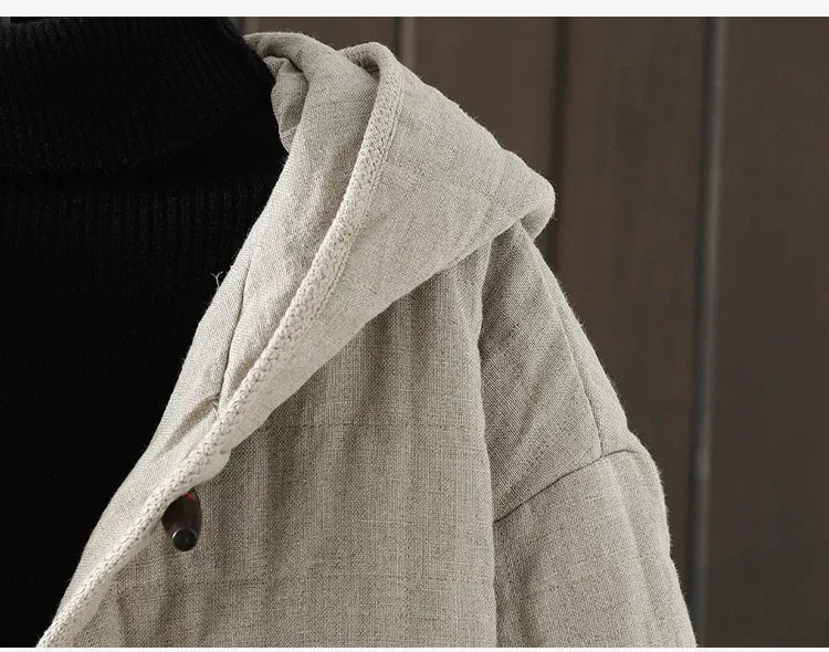 Quilted Hooded Padded Jacket with Wooden Buttons