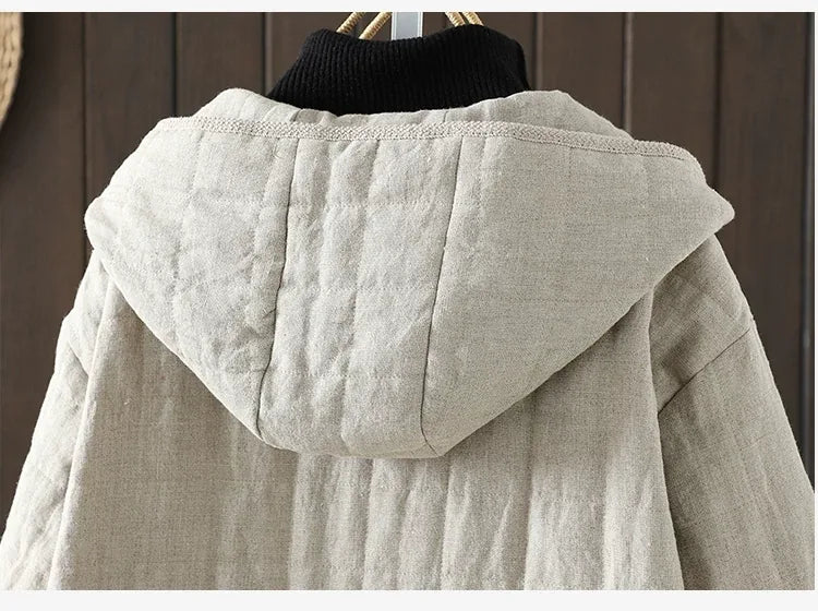 Quilted Hooded Padded Jacket with Wooden Buttons