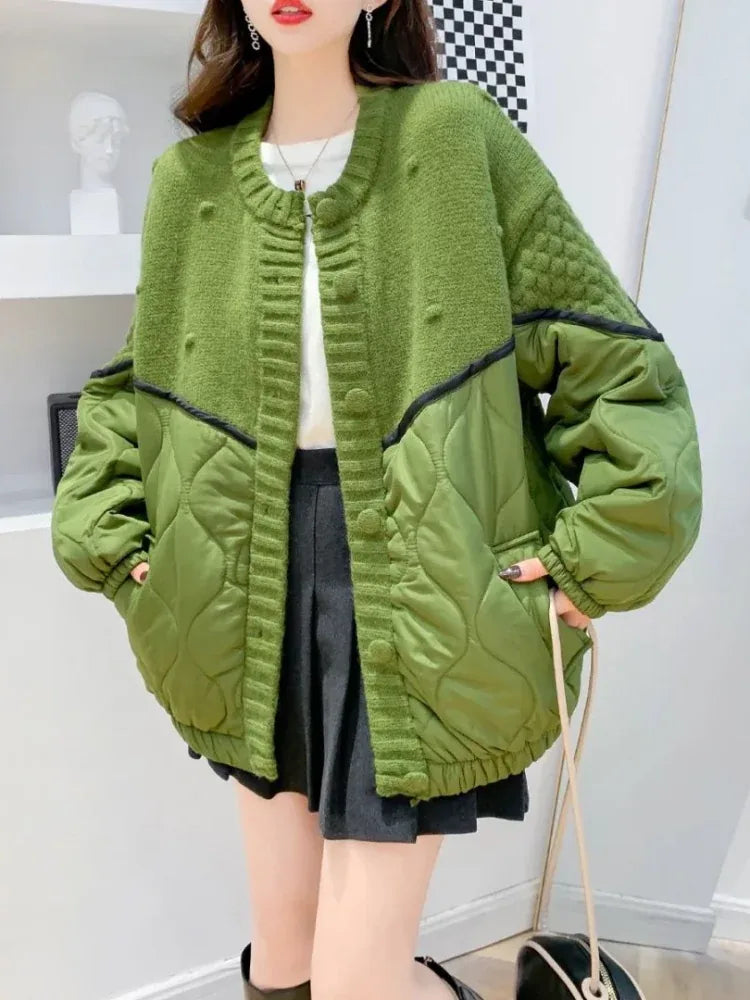 Quilted Padded Cardigan with Bobble Knit and Contrast Piping