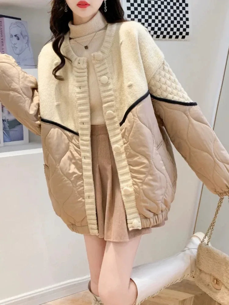 Quilted Padded Cardigan with Bobble Knit and Contrast Piping